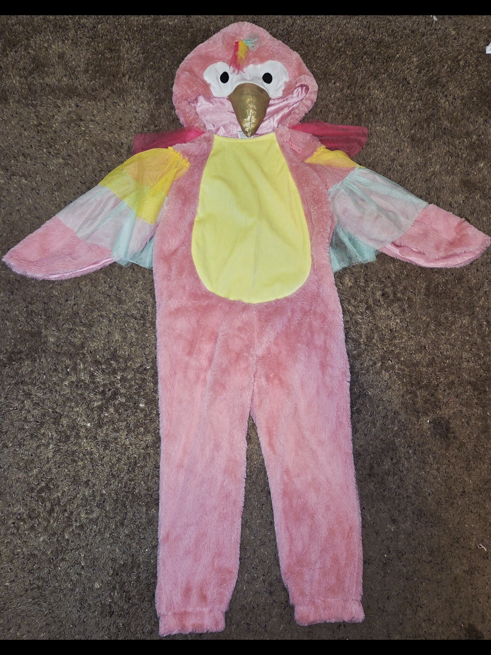 EUC Kids Plush Pink Flamingo/Parrot Halloween Costume Yellow Belly Hoodie 4T/5T